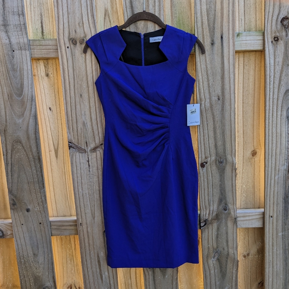 Calvin Klein Women's 0P Petite Dark Navy Blue Sleeveless Cinched Sheath Dress